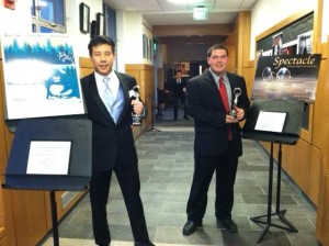 Jason Mai, left, and Parker Bryant, right, both received engraved Silver trophies at the Wayland High School Movie Festival in May. They were recipients of  AIVA awards in the Best Picture category.  They are Wayland High School juniors.